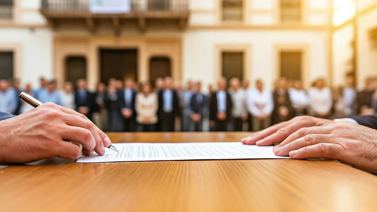Image of hands signing a document, with a town hall in the background, symbolizing official agreements and housing initiatives.