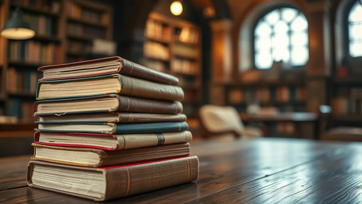 Generic image of old books on a wooden table in a library.