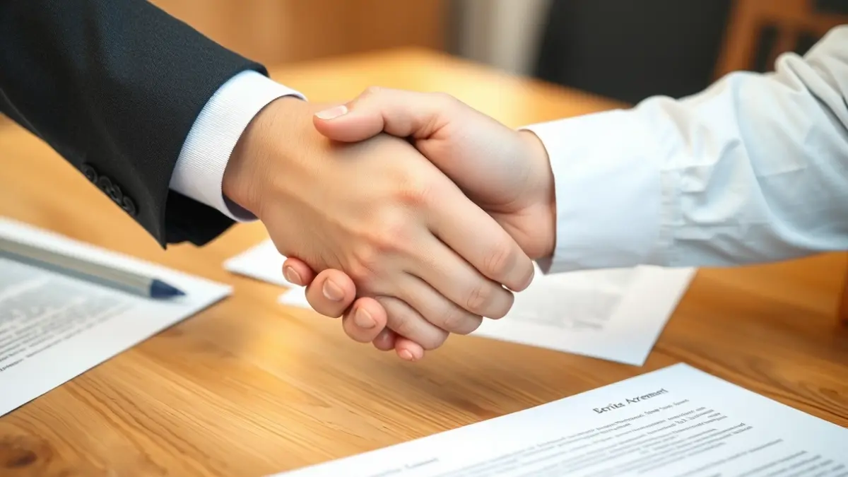 Generic image of hands shaking over a document, symbolizing a collaboration agreement.