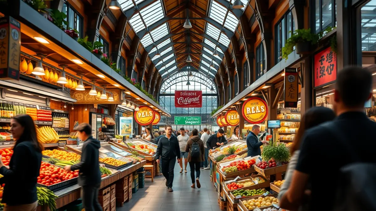 Generic image of a modern market with fresh produce and gastronomic offerings.