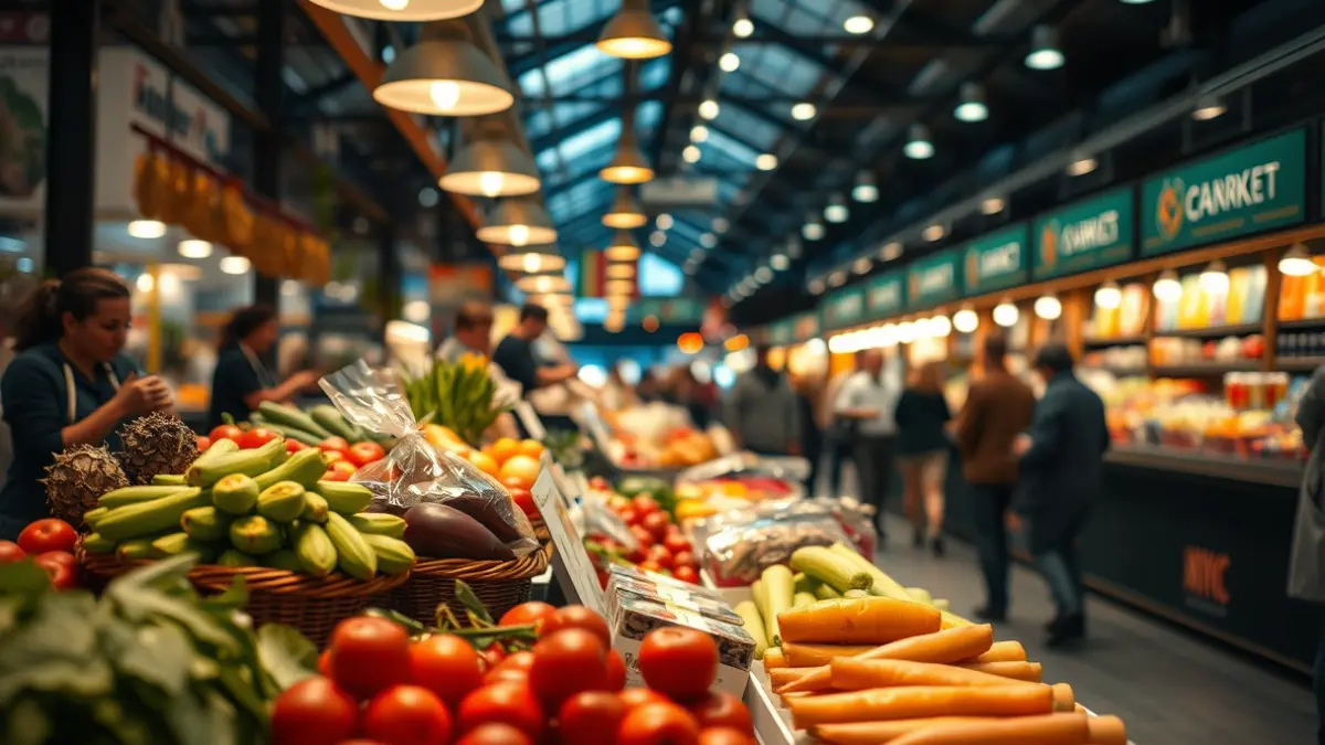 Generic image of a modern market with fresh and gourmet products.