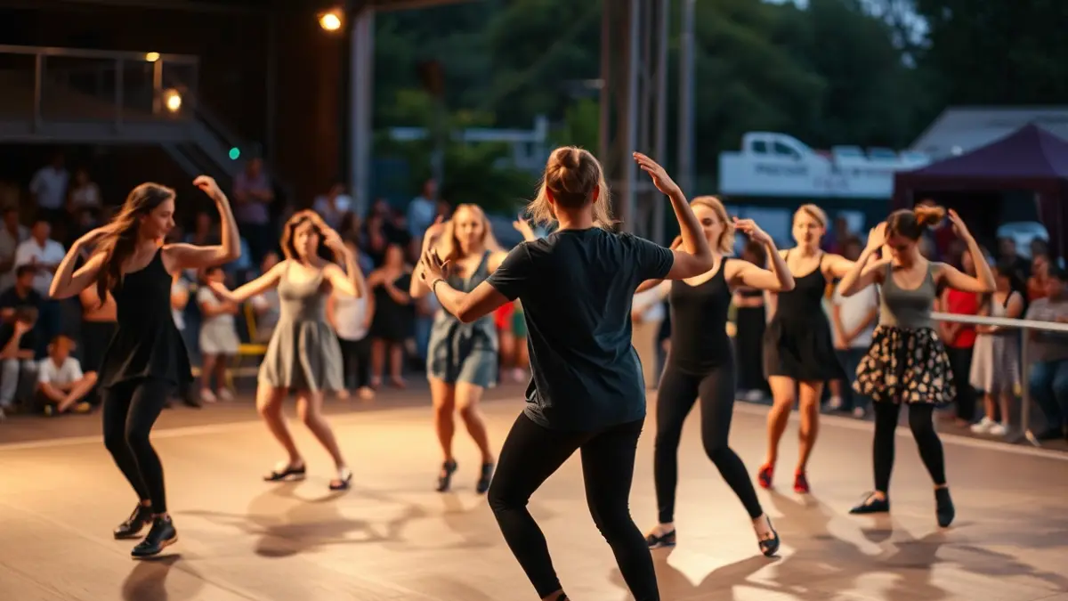 Generic image of a group of dancers performing on an outdoor stage at dusk.