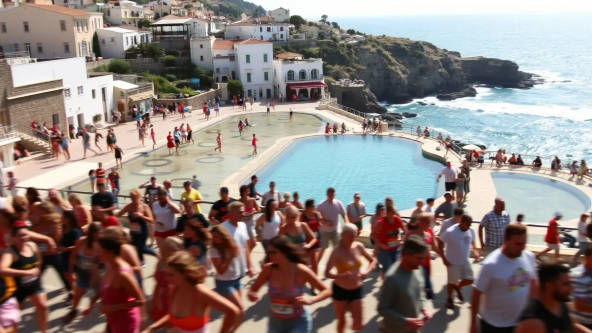 Image of a dance marathon on Torrevieja's promenade, with dancers in motion and natural pools in the background.