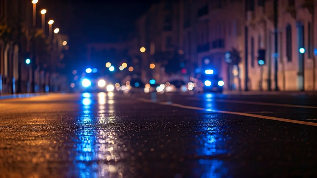 Imatge genèrica de llums d'emergència reflectint-se sobre asfalt mullat de nit.