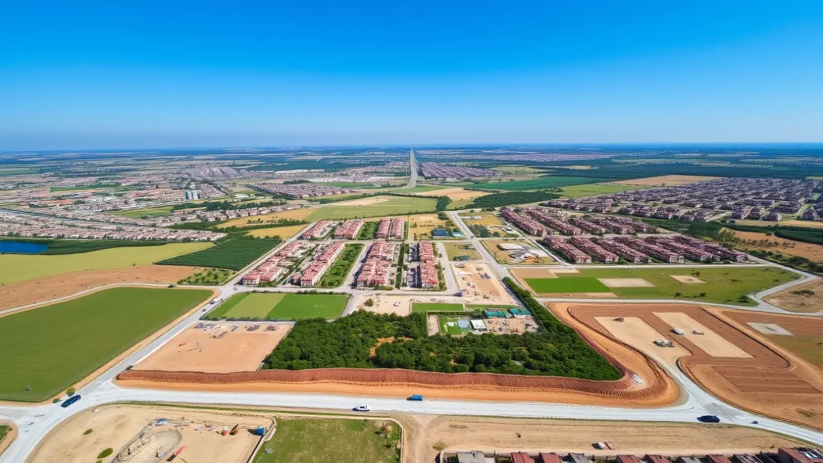 Aerial image of a large residential construction area with urbanized and green spaces.