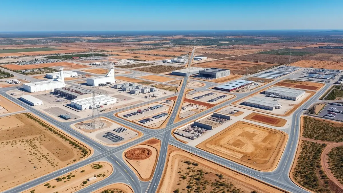 Aerial image of an industrial park under construction, with new roads and infrastructure, in a Mediterranean landscape.