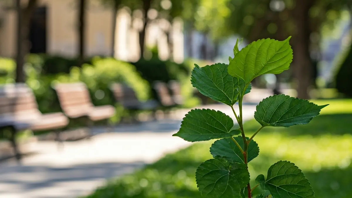 Imagen de un árbol de morera joven recién plantado en un parque urbano de Torrevieja.