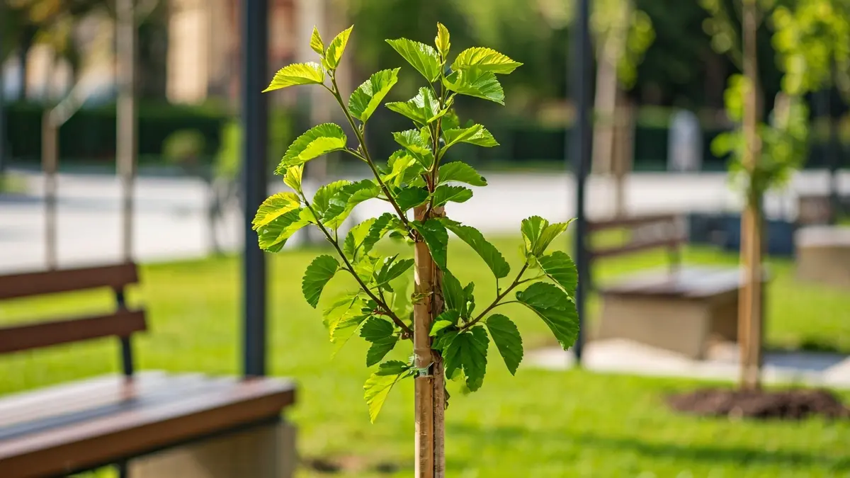 Image of newly planted mulberry trees in an urban green area of Torrevieja, with new benches.