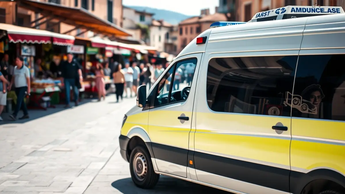 Imatge d'una ambulància en un mercat a l'aire lliure, amb gent i parades borroses al fons.
