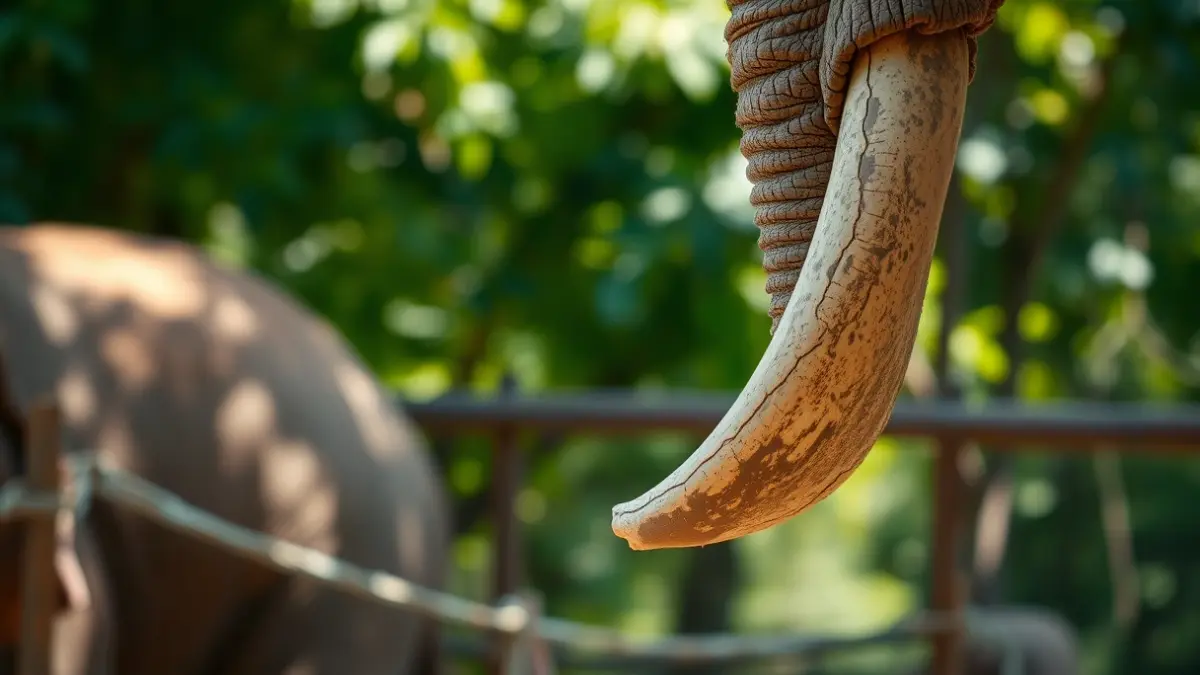 Imagen de un colmillo de elefante en un entorno natural, con follaje verde de fondo.