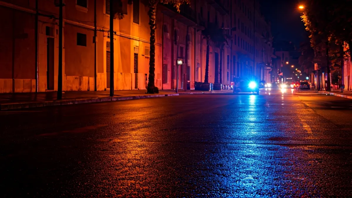 Imatge genèrica de llums d'emergència reflectint-se sobre asfalt mullat en un entorn urbà mediterrani.