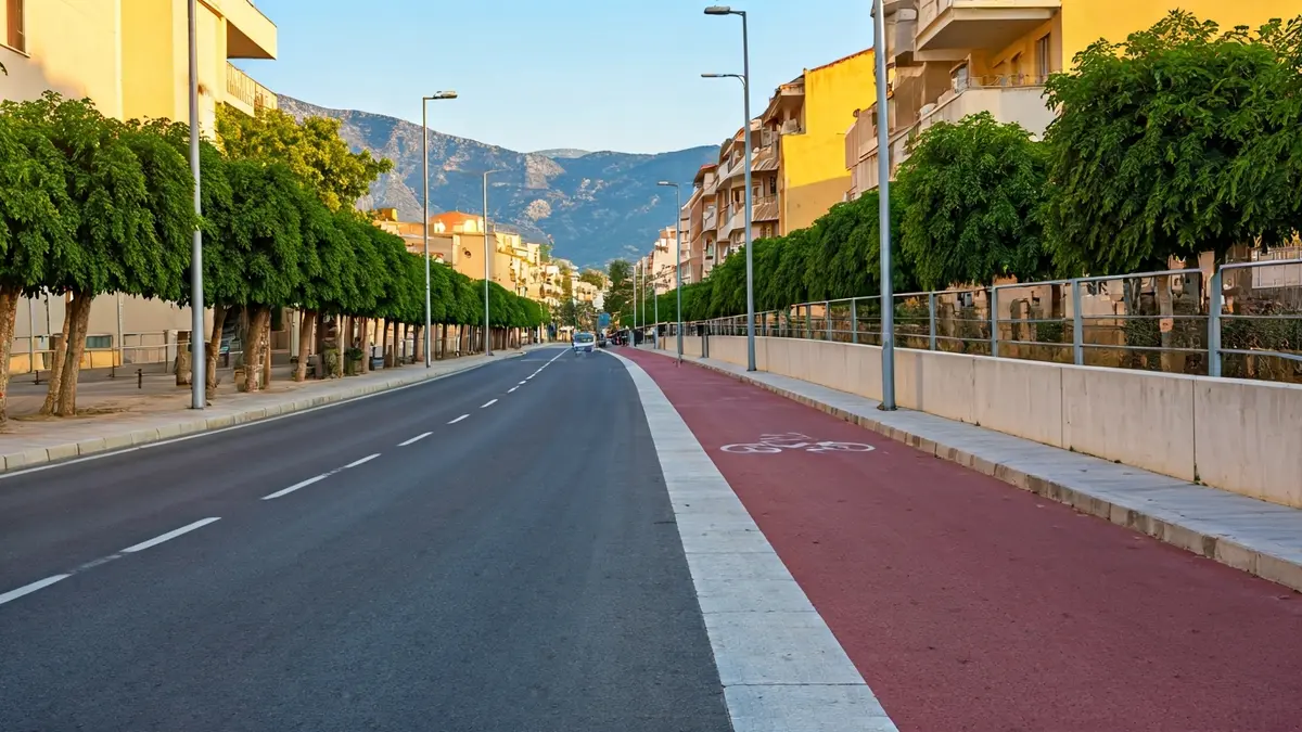 Imatge d'un carril bici i voreres amples en una carretera de Sueca, amb fanals LED.