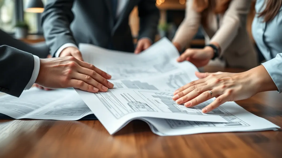 Imagen de tres manos sobre planos arquitectónicos, simbolizando la dirección y el liderazgo en el sector.