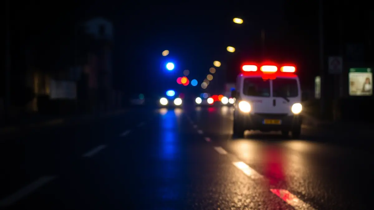 Imatge genèrica de llums d'emergència reflectint-se en l'asfalt mullat de nit.