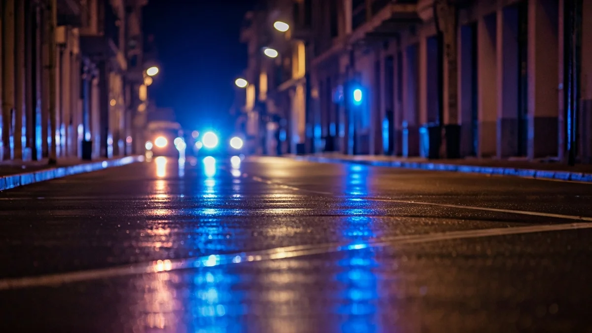 Imatge genèrica de llums d'emergència reflectint-se sobre asfalt mullat de nit.