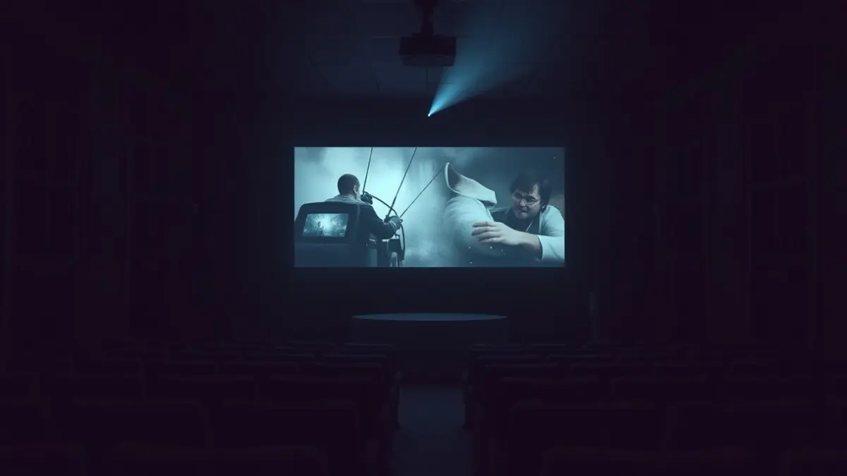 Imatge genèrica d'una sala de cinema fosca amb una pantalla gran i seients buits.