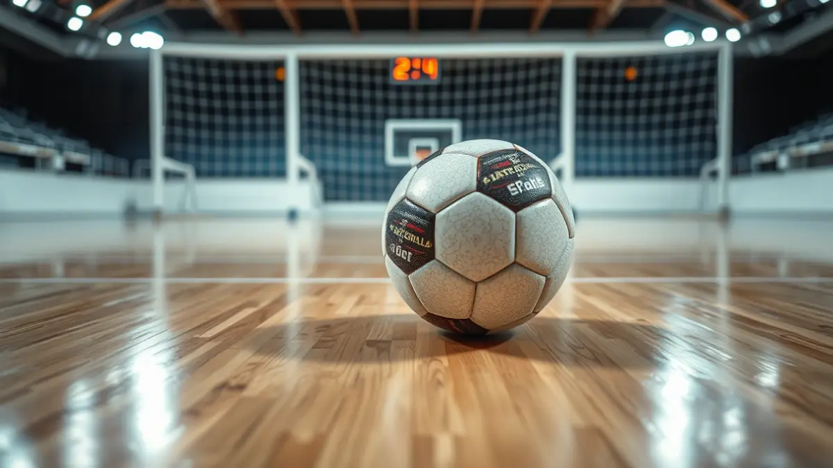 Generic image of a handball on a court, with a blurred goal in the background.
