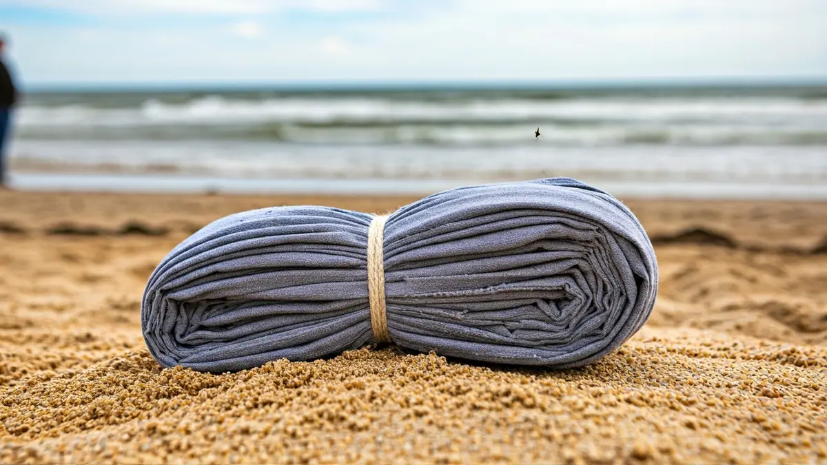 Imatge d'un fardell lligat en una platja, amb mosques i el mar de fons.