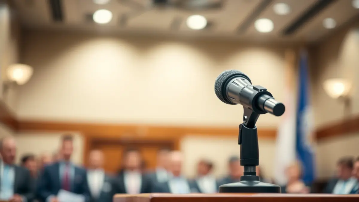 Imatge genèrica d'un micròfon en un faristol durant una roda de premsa.