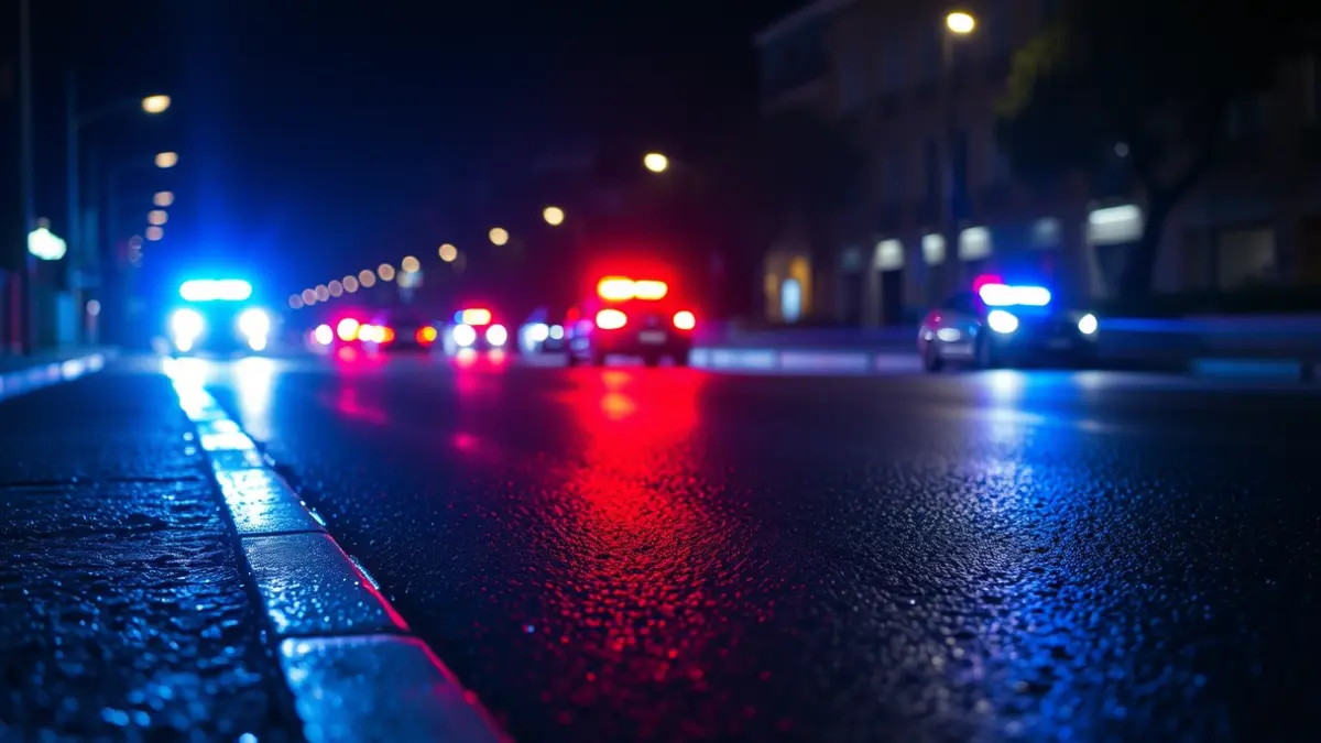Imatge genèrica de llums d'emergència reflectint-se en l'asfalt mullat de nit.
