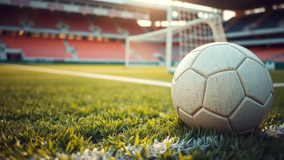 Imagen genérica de un balón de fútbol sobre el césped de un estadio, con la portería al fondo.