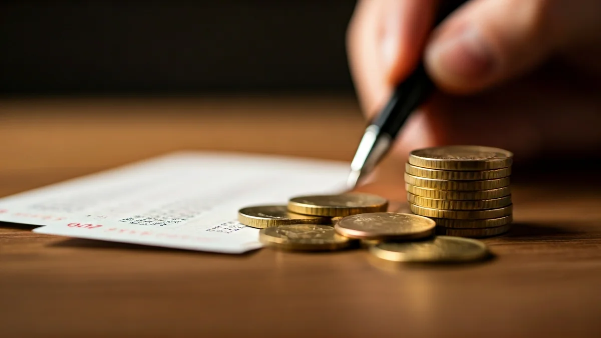 Imatge genèrica d'un bitllet de loteria i monedes d'euro sobre una taula de fusta.