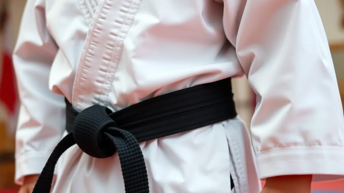 Imatge genèrica d'un uniforme de taekwondo amb cinturó negre, en un dojo.