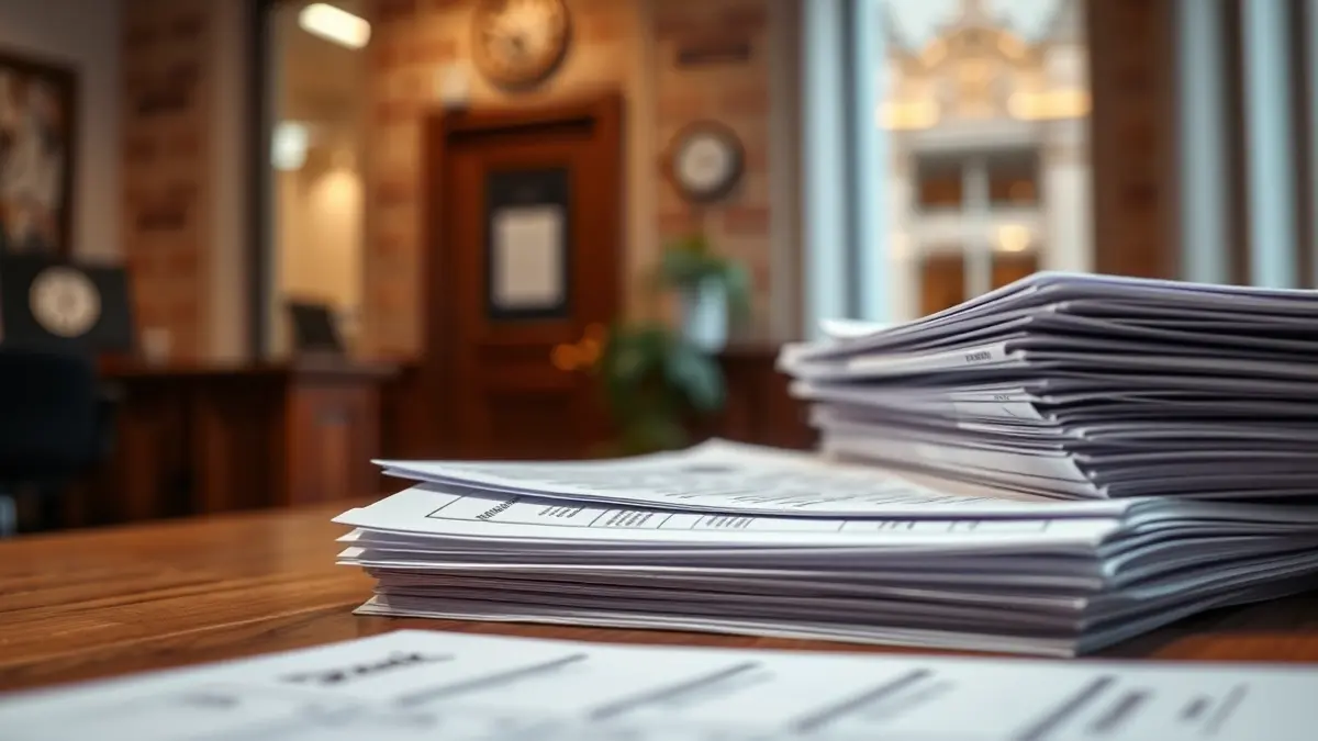 Imagen genérica de facturas impagadas y documentos oficiales sobre un escritorio de madera.