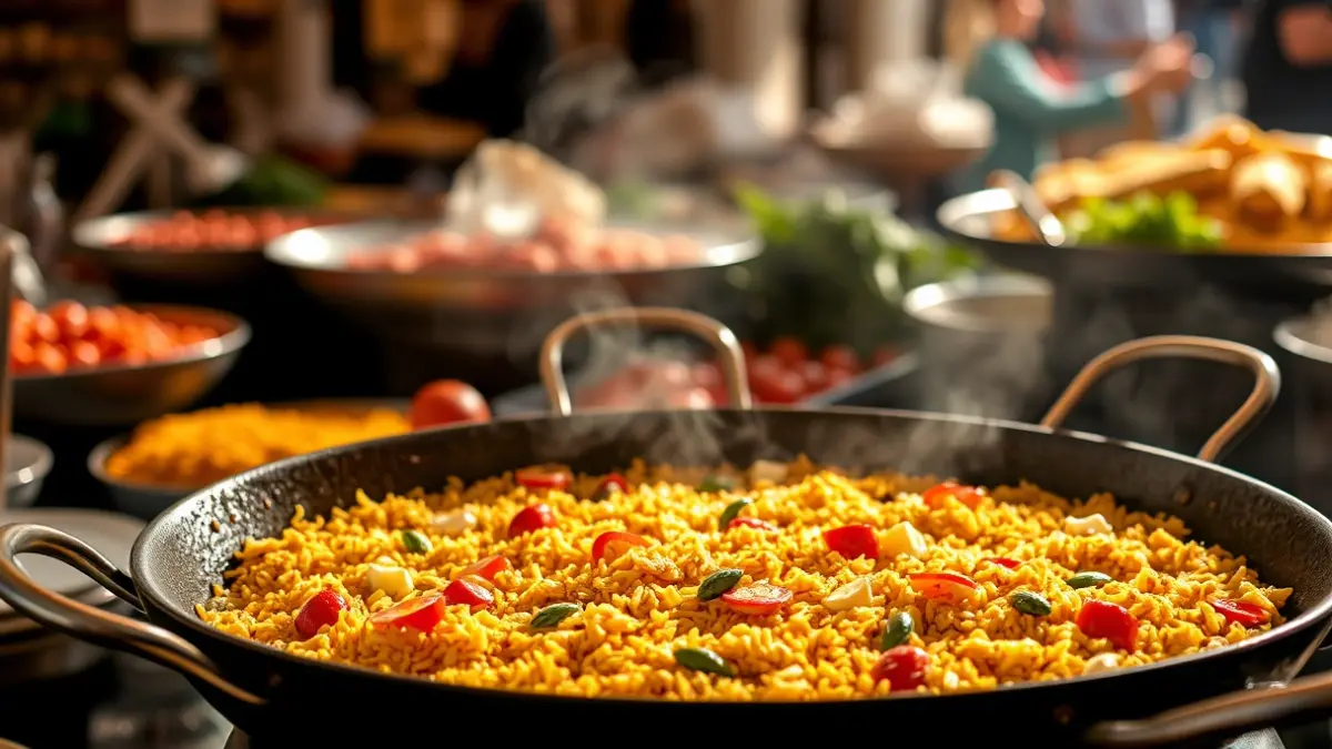 Imatge genèrica d'un arròs en una paella, amb ingredients frescos i vapor, en un ambient de mercat.