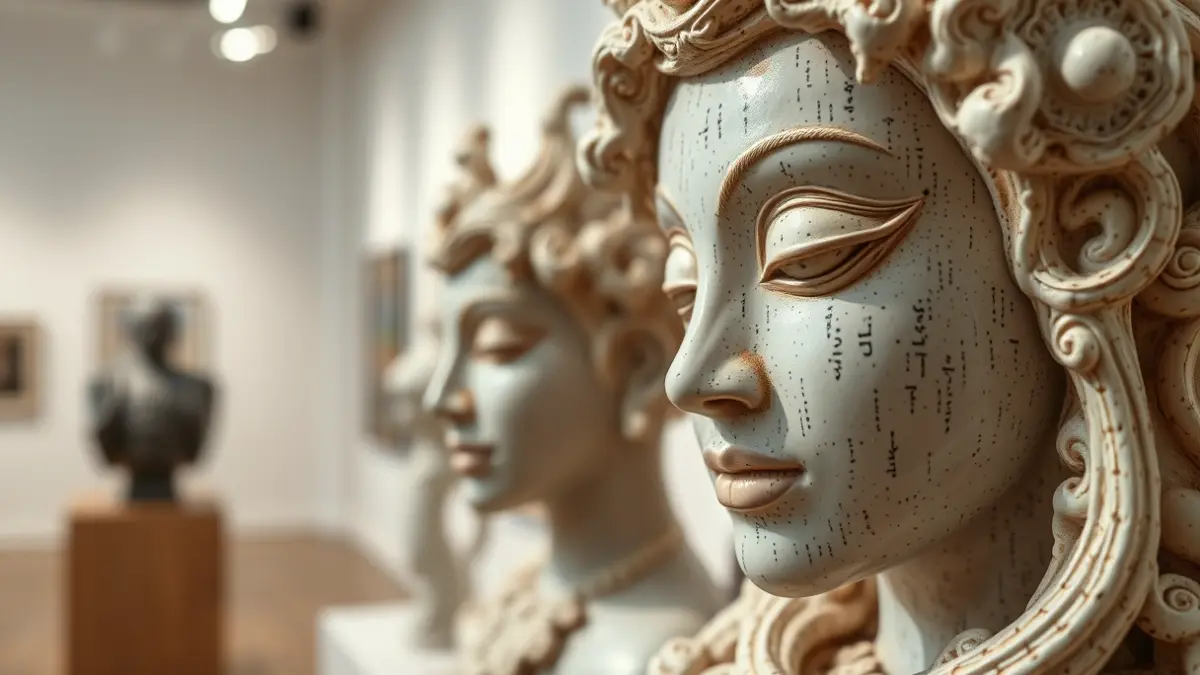 Imatge d'una escultura de ceràmica amb detalls intricats, que mostra una mescla d'estils tradicionals i contemporanis.