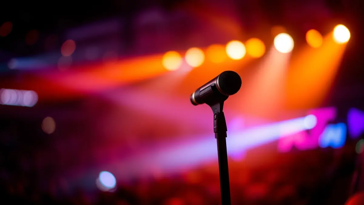 Imatge genèrica d'un micròfon en un escenari buit, amb llums de concert desenfocades al fons.