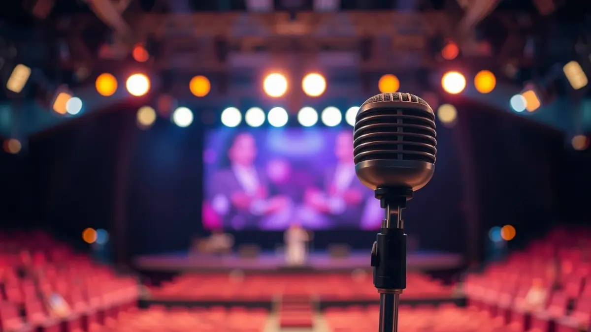 Imagen genérica de un micrófono en un escenario vacío con luces de concierto desenfocadas.