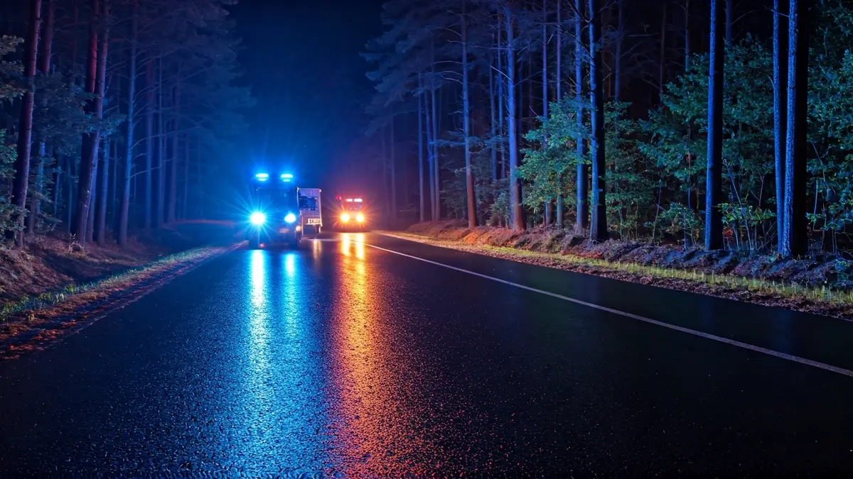 Generic image of emergency lights reflecting on wet asphalt in a forest setting.