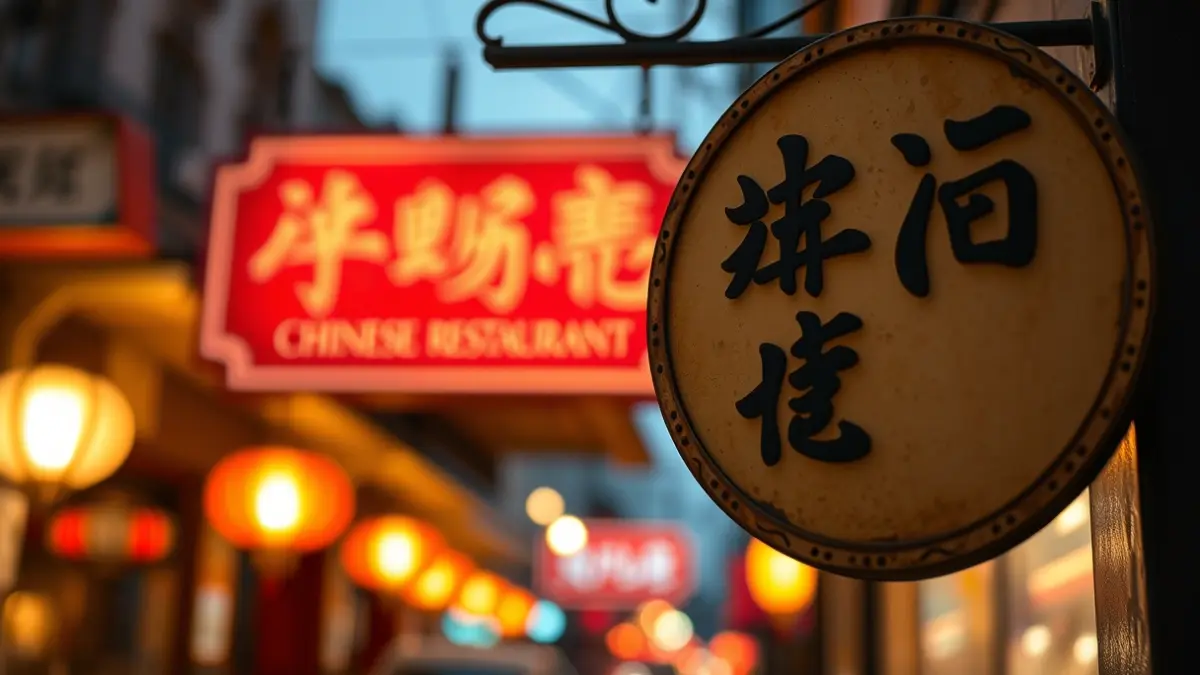 Generic image of a Chinese restaurant sign with blurred lights in the background, warm evening ambiance.