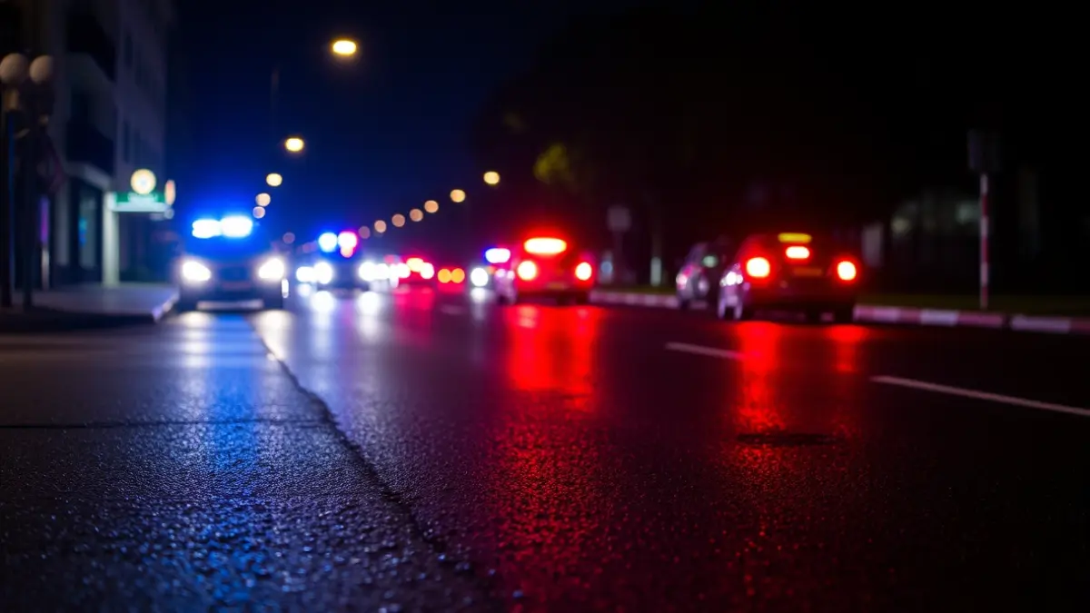 Imagen genérica de luces de emergencia reflejándose en el asfalto mojado de noche.