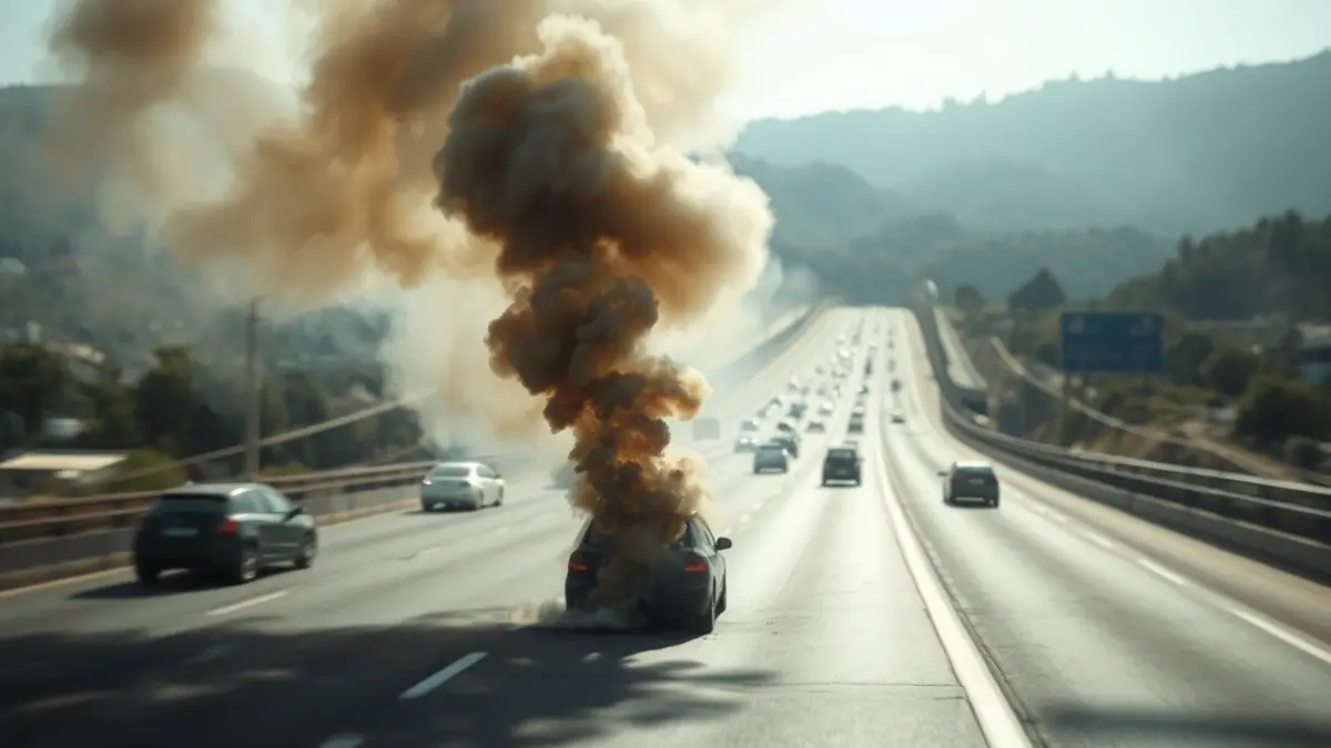 Imatge d'un cotxe cremant en un pont de l'autovia A-3 en València, amb una columna de fum visible.