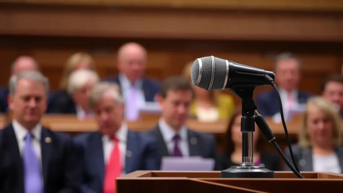 Imatge genèrica d'un micròfon en un faristol en un entorn parlamentari, amb figures borroses al fons.