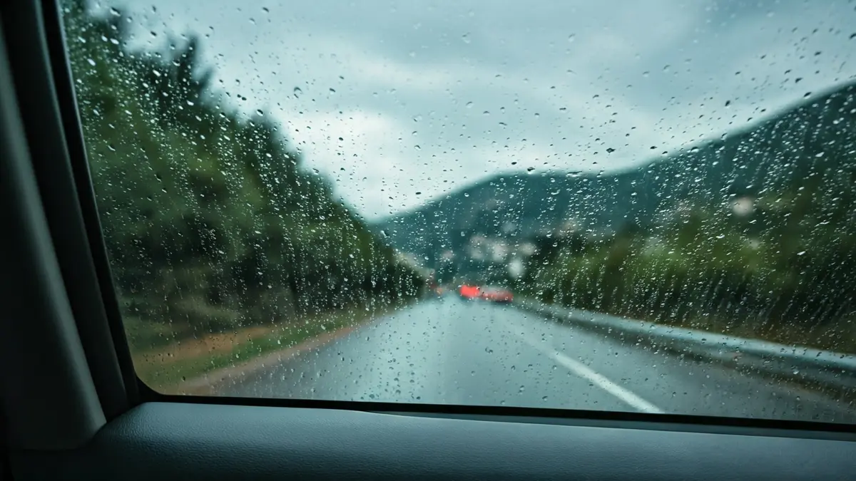 Imatge genèrica de l'interior d'un vehicle amb pluja al vidre, suggerint un viatge durant una tempesta.