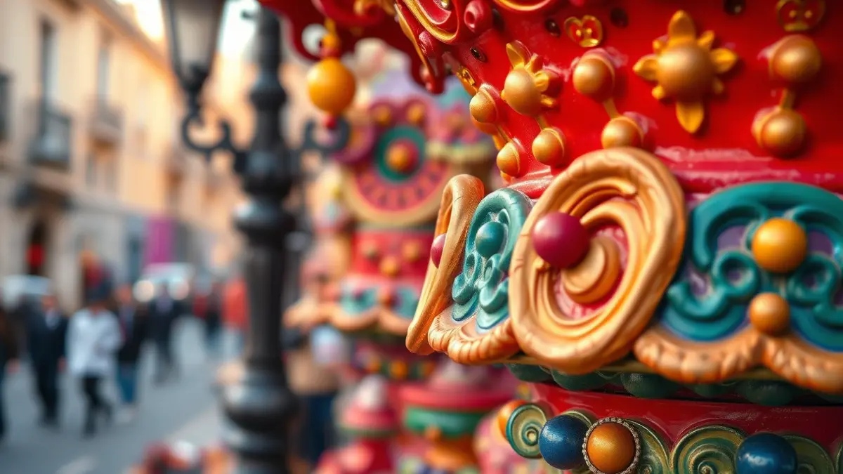 Image of a detail of a Fallas monument with vibrant colors and intricate craftsmanship.