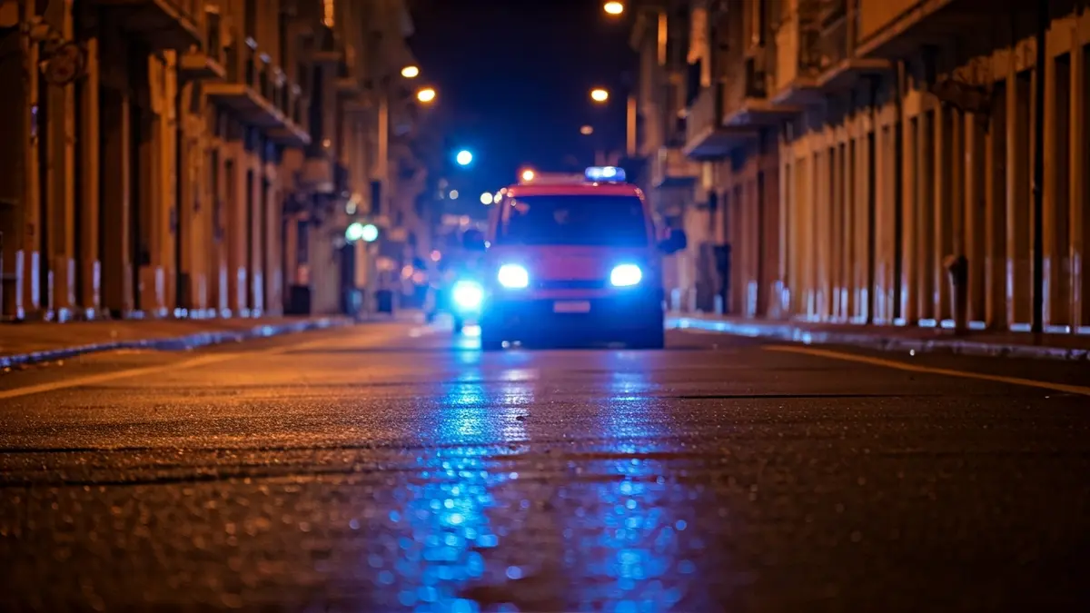 Generic image of emergency lights reflecting on wet asphalt at night.