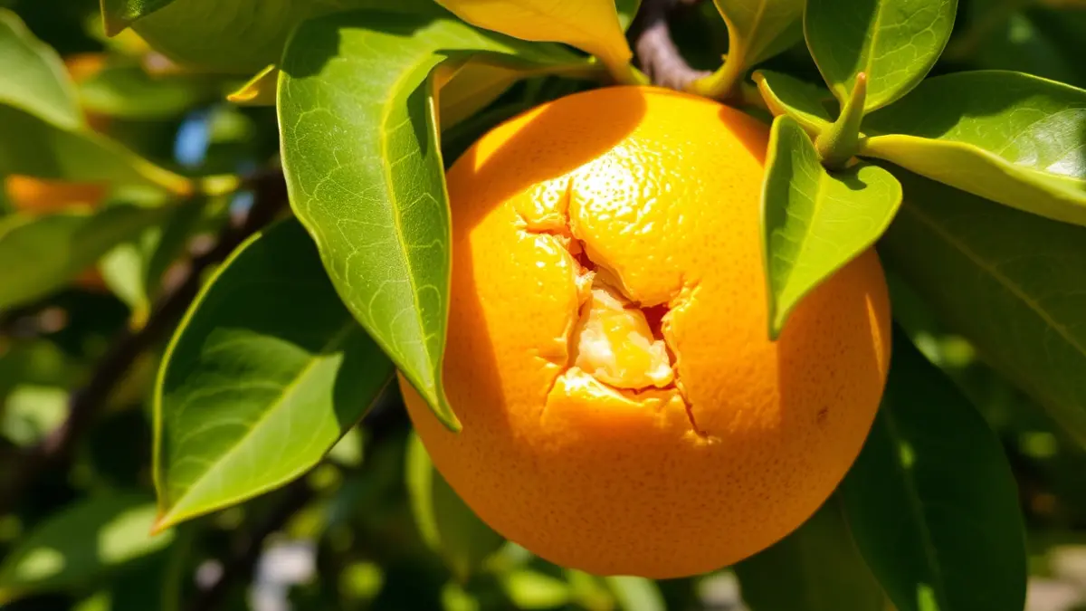 Imatge d'un cítric amb una clivella en la pell, en una branca d'arbre.