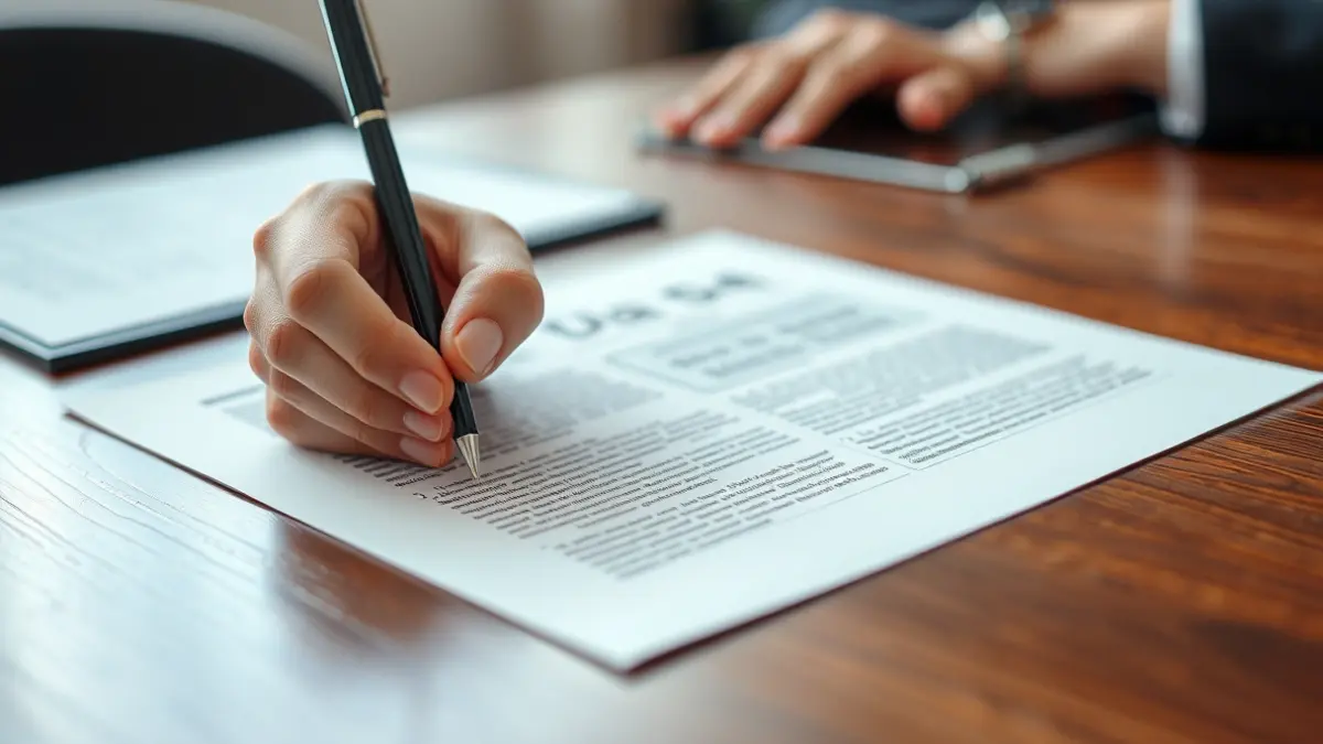 Generic image of a hand with a pen over a document, symbolizing transparency and bureaucracy.