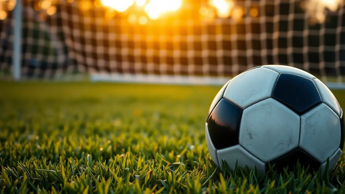 Generic image of a soccer ball on grass, with a blurred goal net in the background, under evening light.