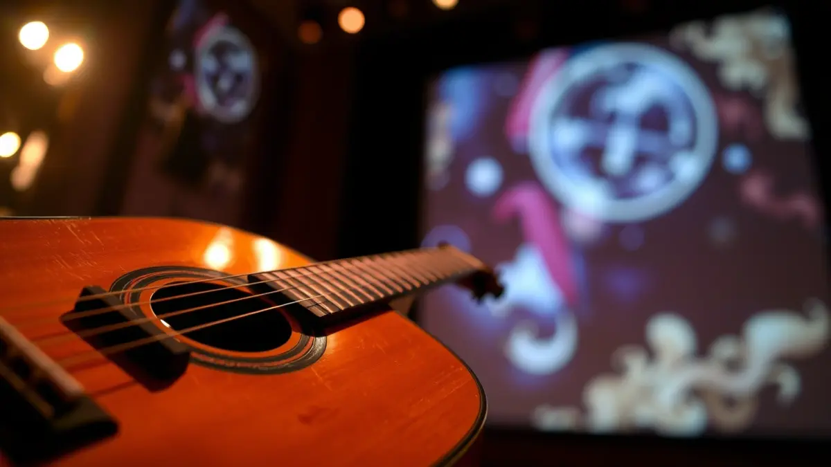 Image of a classical guitar on a stage with theatrical lighting and visual projections, creating an immersive experience.