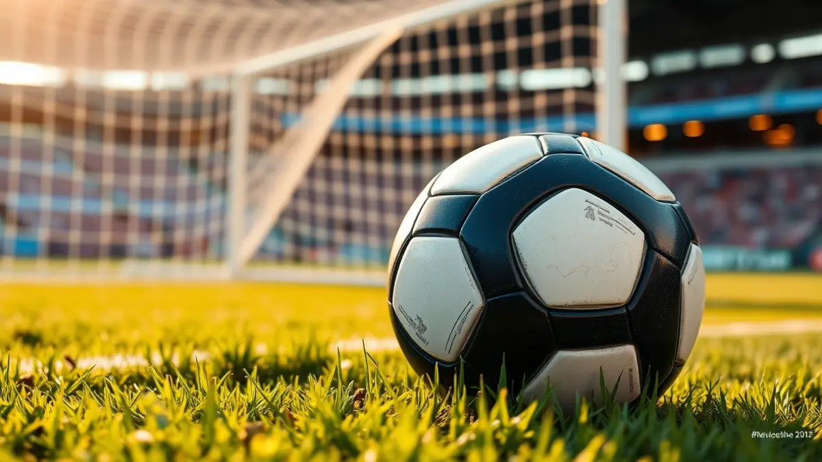 Imatge genèrica d'una pilota de futbol en la gespa d'un estadi, amb la porteria desenfocada al fons.