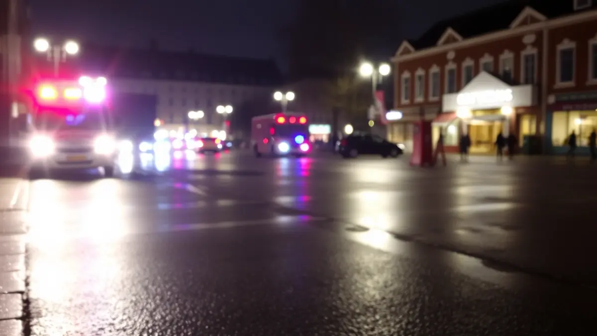 Imagen genérica de luces de emergencia reflejándose en el asfalto mojado en una plaza de pueblo.