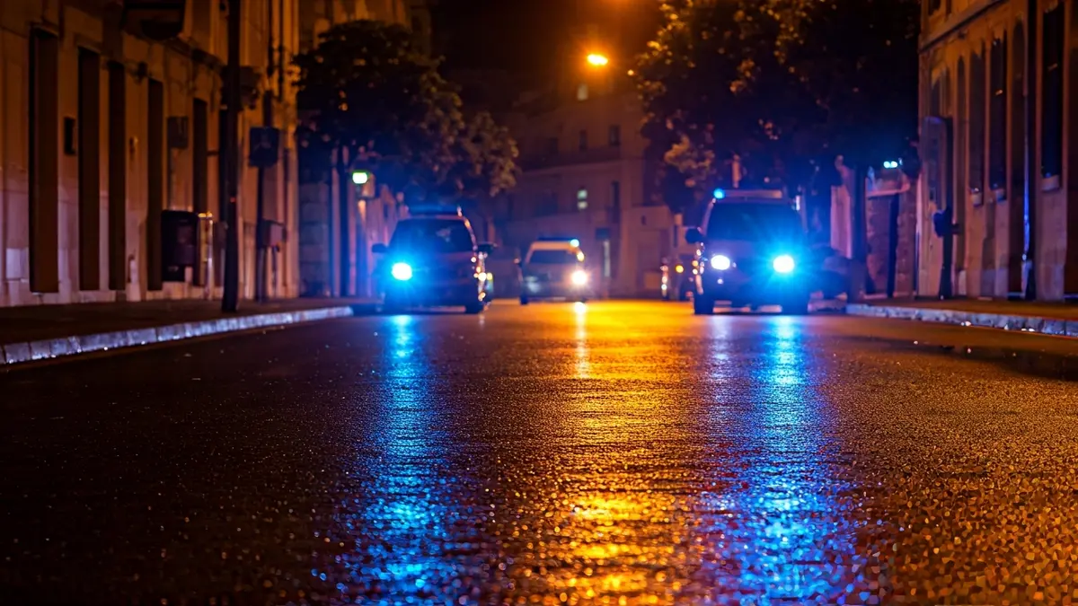 Imagen genérica de luces de emergencia reflejándose sobre el asfalto mojado de noche.