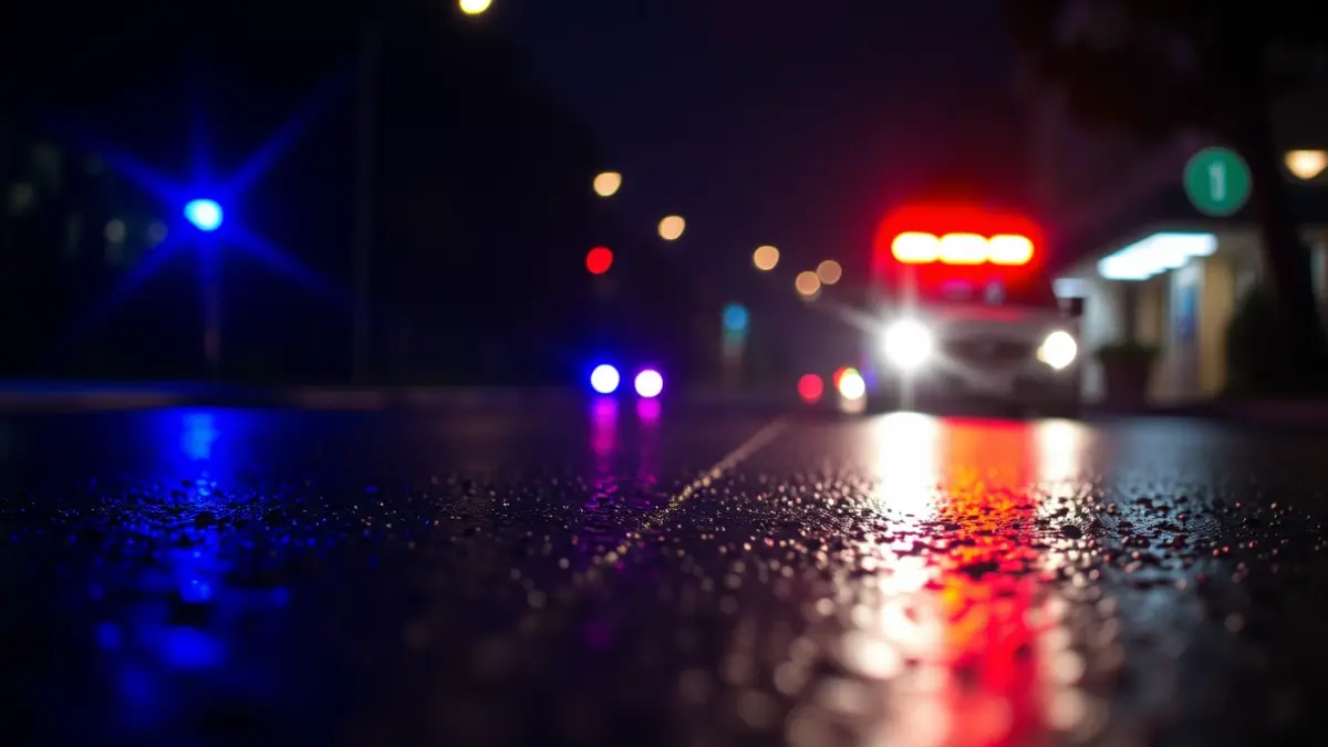 Imagen genérica de luces de emergencia reflejándose en el asfalto mojado en un entorno urbano mediterráneo.