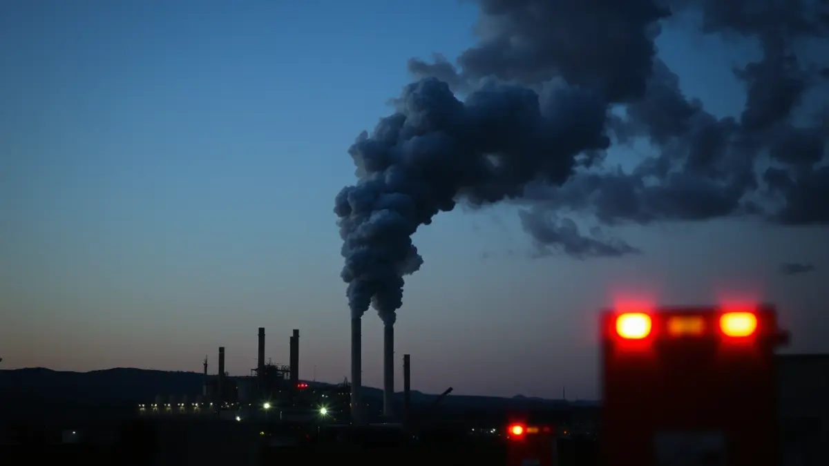 Image of a large smoke column rising from a burning recycling plant, with blurred emergency lights in the foreground.