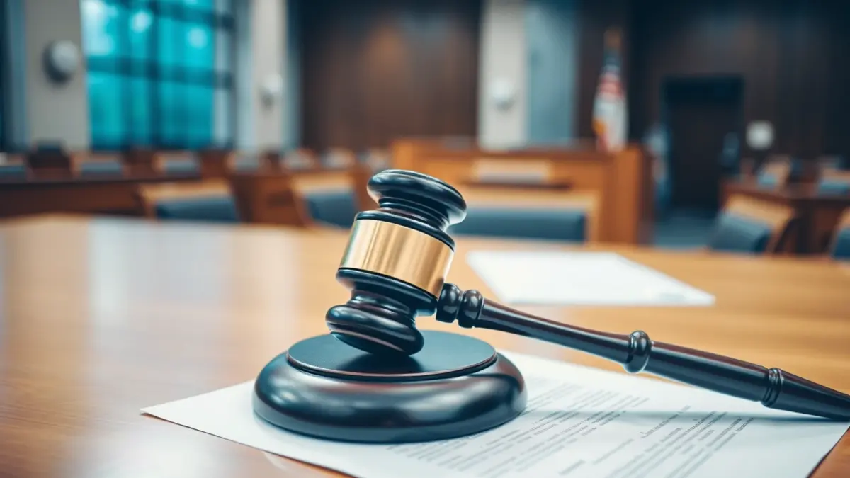 Generic image of a judge's gavel on legal documents in a courtroom.